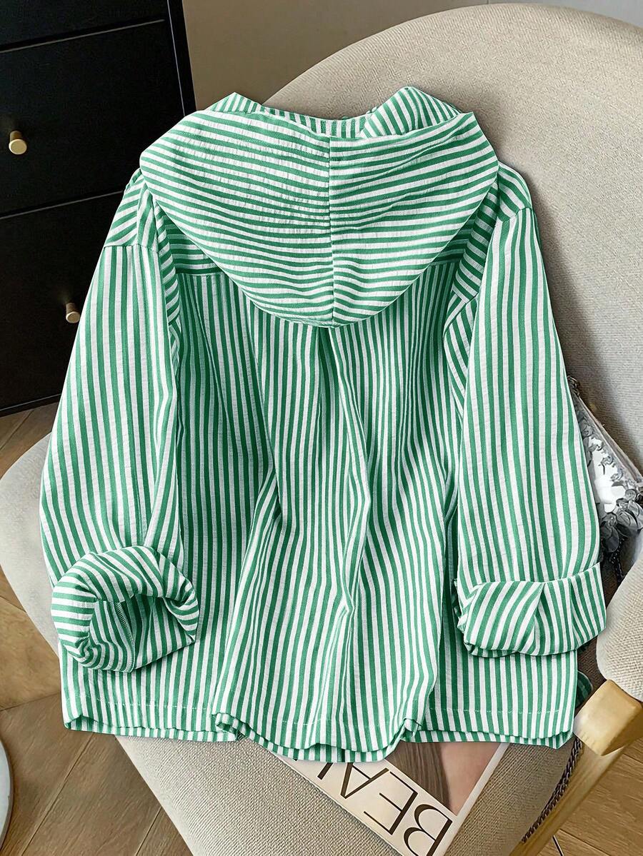 Detail view of Elegant Plus Size Striped Hooded Shirt  for Summer and Autumn - Lightweight & Stylish for everyday styling