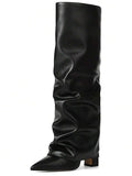 Slip-on view of Stylish Knee-High Slouchy Shark Boots with Chunky Heels for Parties and Office Wear for knee high boot styling