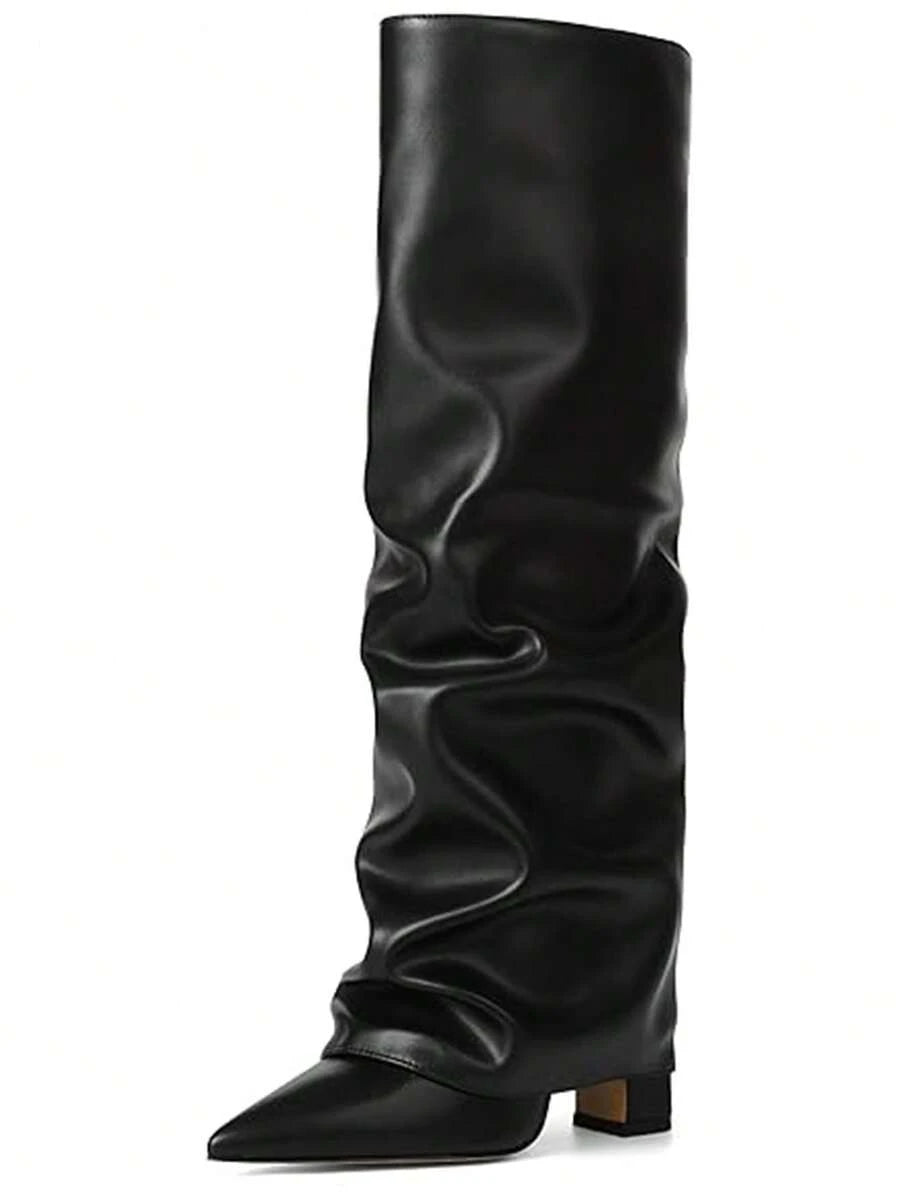 Slip-on view of Stylish Knee-High Slouchy Shark Boots with Chunky Heels for Parties and Office Wear for knee high boot styling