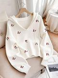 Front view of Chic Plus-Size Women’s Hooded Pullover Sweatshirt with Cherry Print – Perfect for Autumn and Winter Casual Style in White color