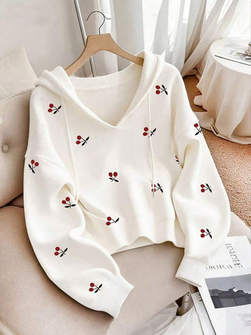 Front view of Chic Plus-Size Women’s Hooded Pullover Sweatshirt with Cherry Print – Perfect for Autumn and Winter Casual Style in White color