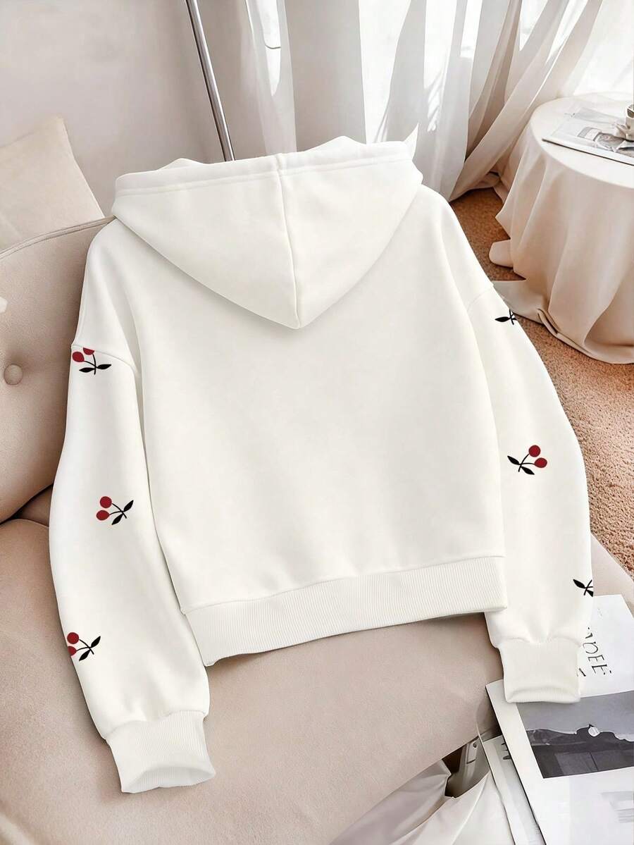 Front view of Chic Plus-Size Women’s Hooded Pullover Sweatshirt with Cherry Print – Perfect for Autumn and Winter Casual Style in White color