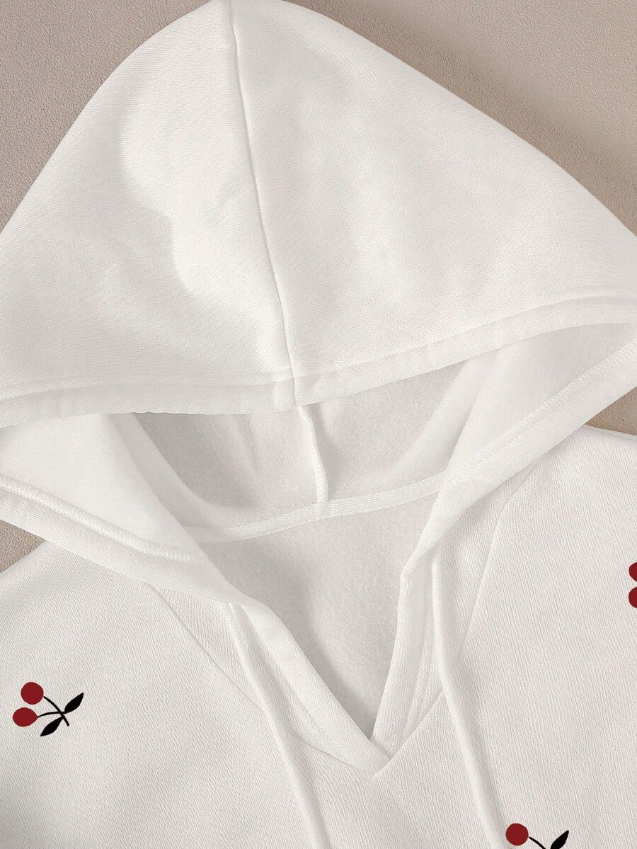 Close-up detail of Chic Plus-Size Women’s Hooded Pullover Sweatshirt with Cherry Print – Perfect for Autumn and Winter Casual Style fabric texture
