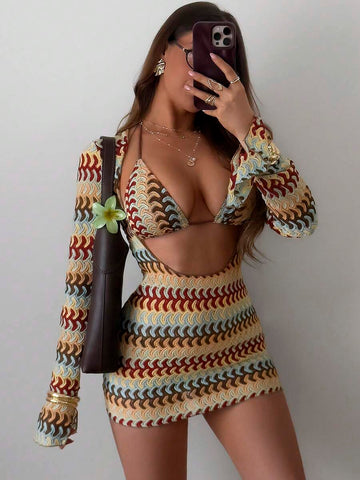 Elevate your beach style with this Swimsuit&nbsp;featuring a classic triangle bikini and a trendy hollow stripe cover-up for the perfect vacation-ready look. Designed for fashion-forward women, this coordinated set offers a flattering fit that combines comfort, confidence, and effortless elegance.