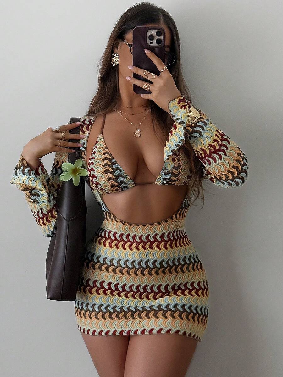 Elevate your beach style with this Swimsuit&nbsp;featuring a classic triangle bikini and a trendy hollow stripe cover-up for the perfect vacation-ready look. Designed for fashion-forward women, this coordinated set offers a flattering fit that combines comfort, confidence, and effortless elegance.