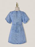 Back view of light-wash denim mini dress showing rounded neckline and center-back zipper