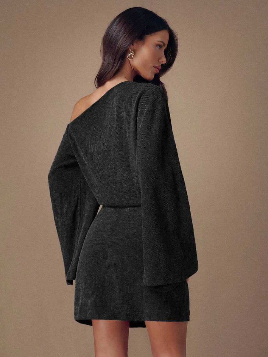 Near-black one-shoulder dress back view