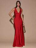 Front view of purple sleeveless deep V-neck maxi dress with crossed open back, shown for wedding and evening wear