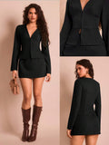 Burgundy 2 Piece Blazer and Mini Skirt Set with Deep V Neck for Office 