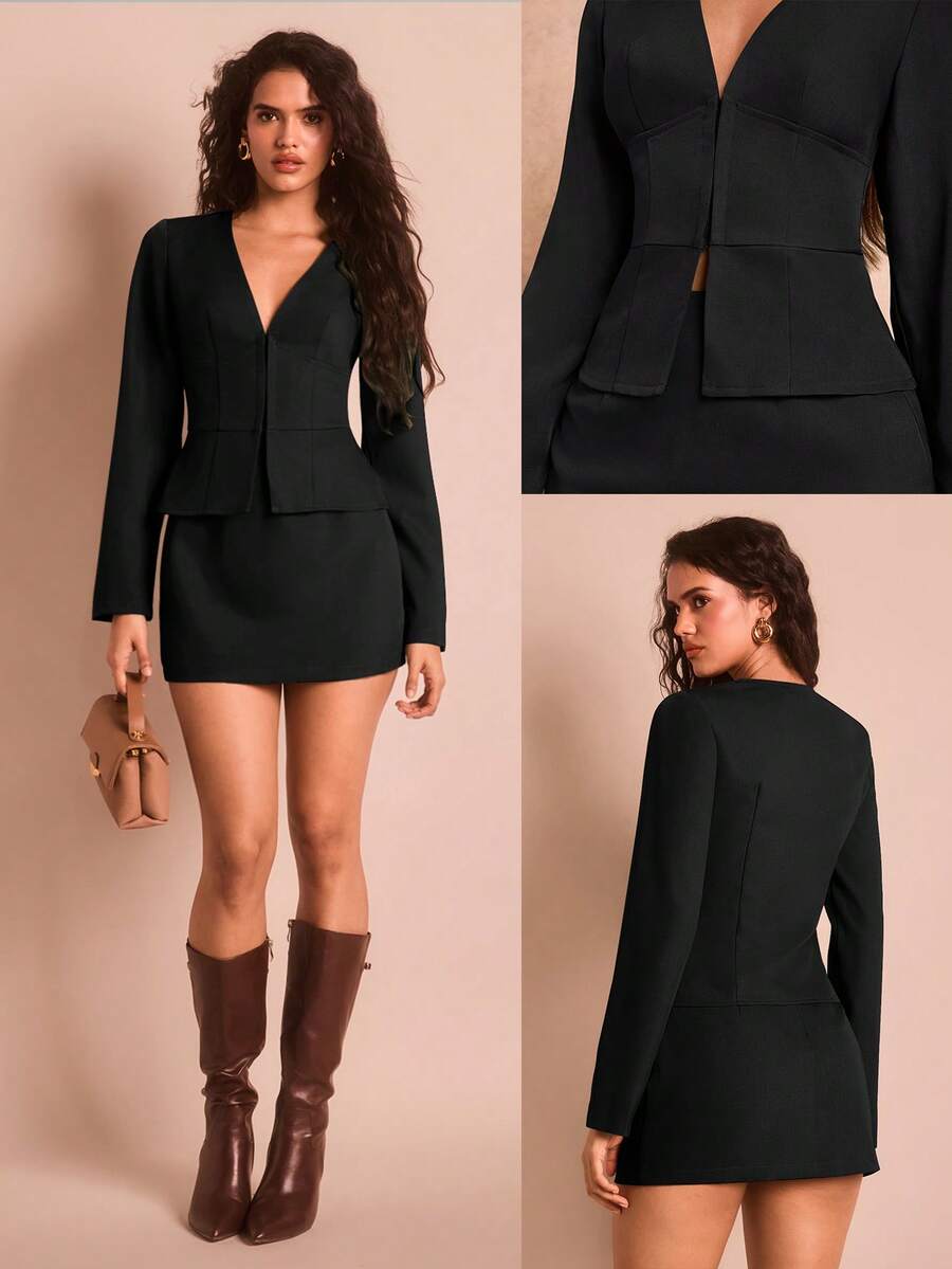 Burgundy 2 Piece Blazer and Mini Skirt Set with Deep V Neck for Office 