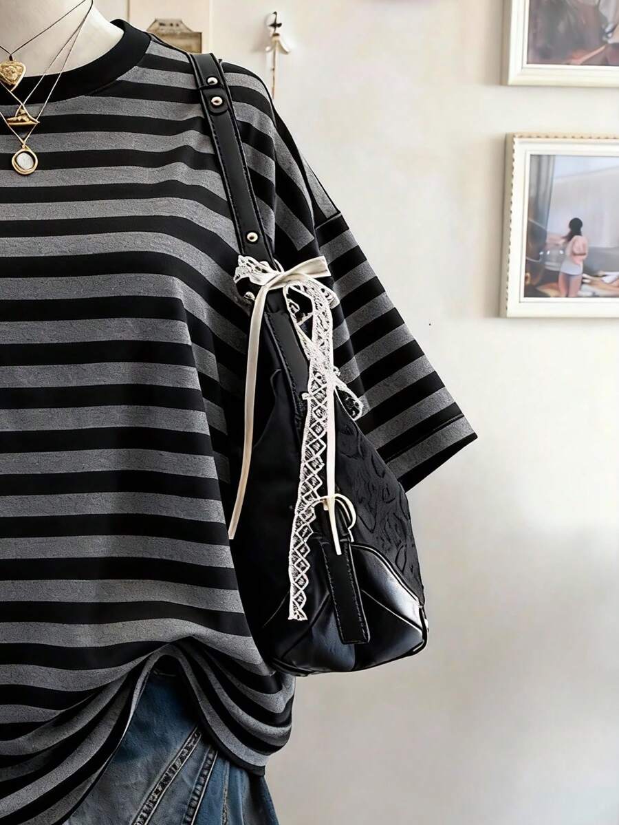 Back view of Chic Minimalist Striped Cotton T-Shirt for Women - Perfect Gift for Friends for women styling