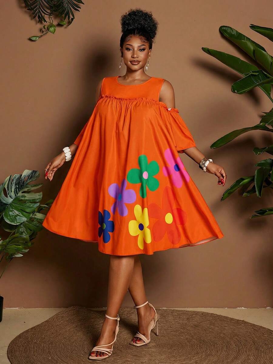 Image 16 - party styling of Plus Size Casual Off-Shoulder Mini Dress with Cute Cartoon Flower Print for Summer Holidays