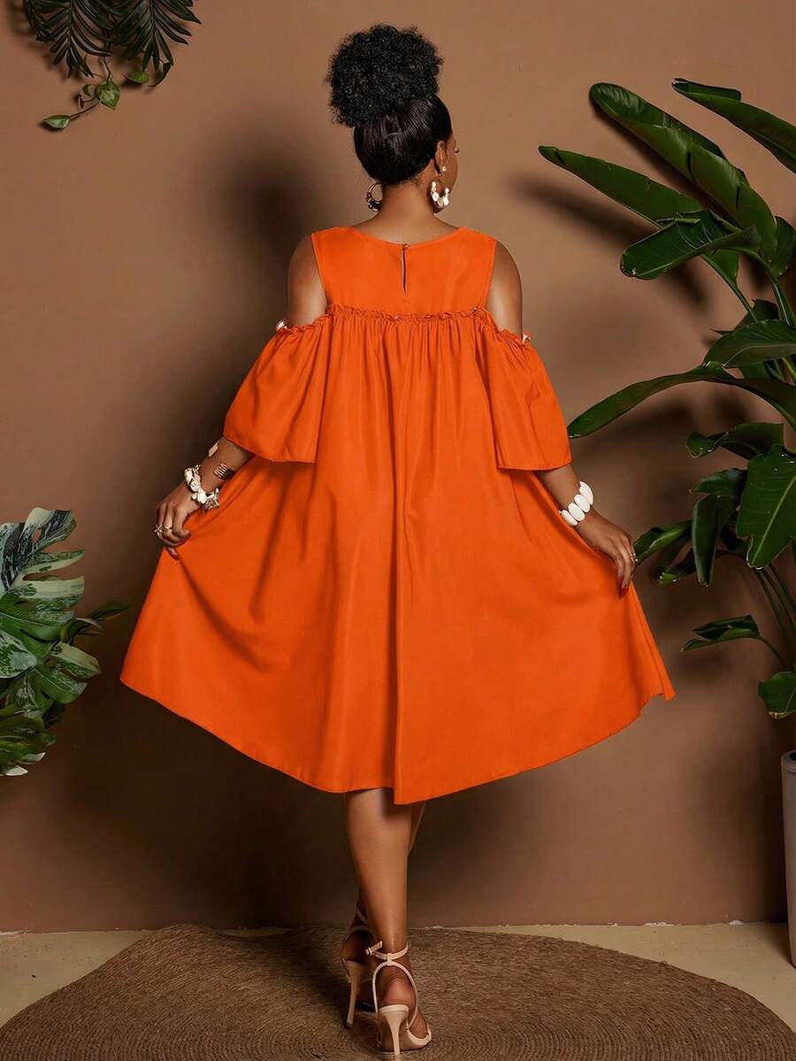 Image 17 - dress detail of Plus Size Casual Off-Shoulder Mini Dress with Cute Cartoon Flower Print for Summer Holidays
