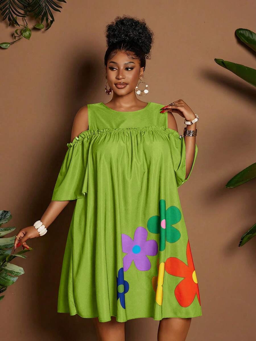 Image 9 - waist detail of Plus Size Casual Off-Shoulder Mini Dress with Cute Cartoon Flower Print for Summer Holidays