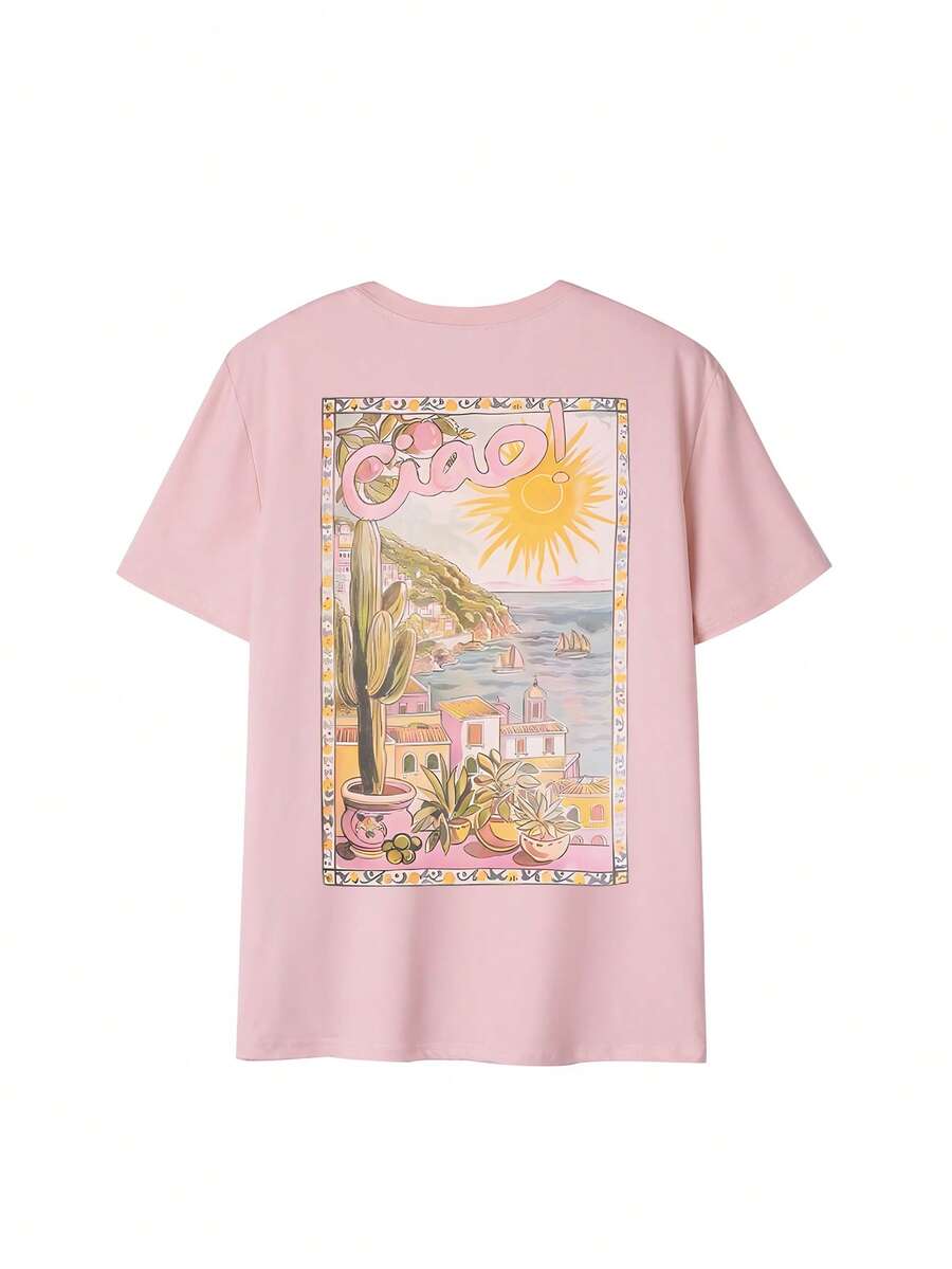 Back model view of light pink oversized Ciao postcard graphic T-shirt with coastal beach print