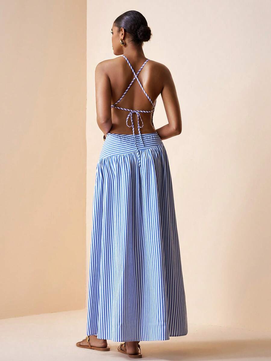 Back view blue white striped open-back crisscross tie maxi dress