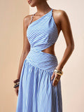 Close-up blue white striped one-shoulder maxi dress with waist cutout