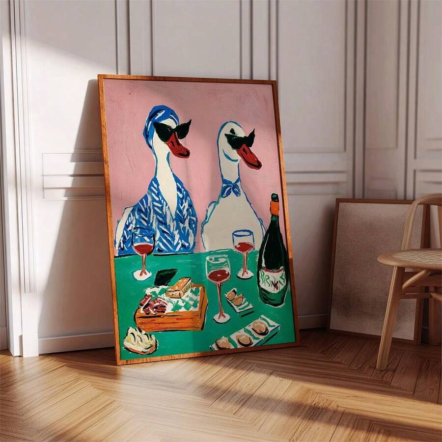 Add a splash of personality to your dining or living room with this charming duck and wine canvas art. Featuring a playful cartoon design in vibrant multicolors, this piece brings whimsical sophistication to any space. The waterproof canvas construction ensures durability and easy maintenance, making it perfect for kitchens and dining areas. Whether displayed framed or unframed, this vintage-inspired artwork celebrates the finer things in life with humor and style. An ideal conversation starter for wine ent
