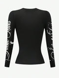 Back product view of black fitted graphic T-shirt with script-print long sleeves