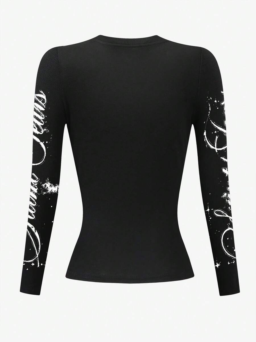 Back product view of black fitted graphic T-shirt with script-print long sleeves