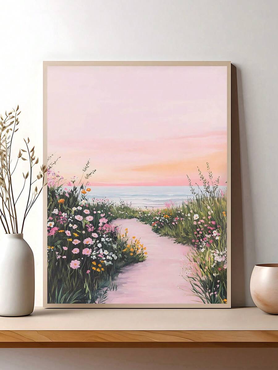 Bring coastal charm and spring freshness into any space with this vibrant art print. Featuring soft pink tones blended with serene seascape elements and delicate wildflower details, this piece captures the peaceful beauty of seaside landscapes in bloom. Perfect for living rooms, home offices, bedrooms, or any room needing a touch of natural elegance. The warm color palette creates a calming atmosphere while the detailed composition adds visual interest and depth to your walls. 
