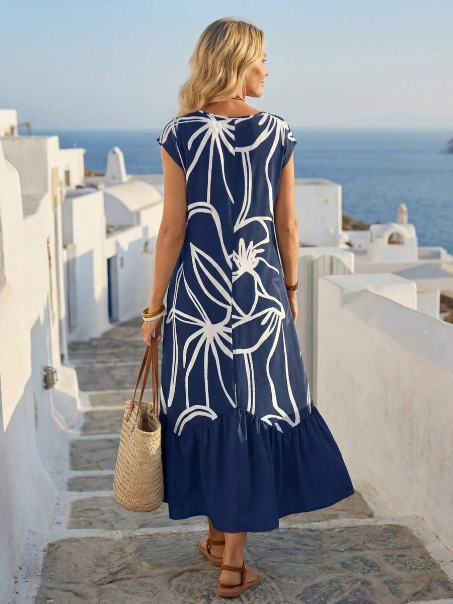 Navy cap sleeve boho maxi dress full length view