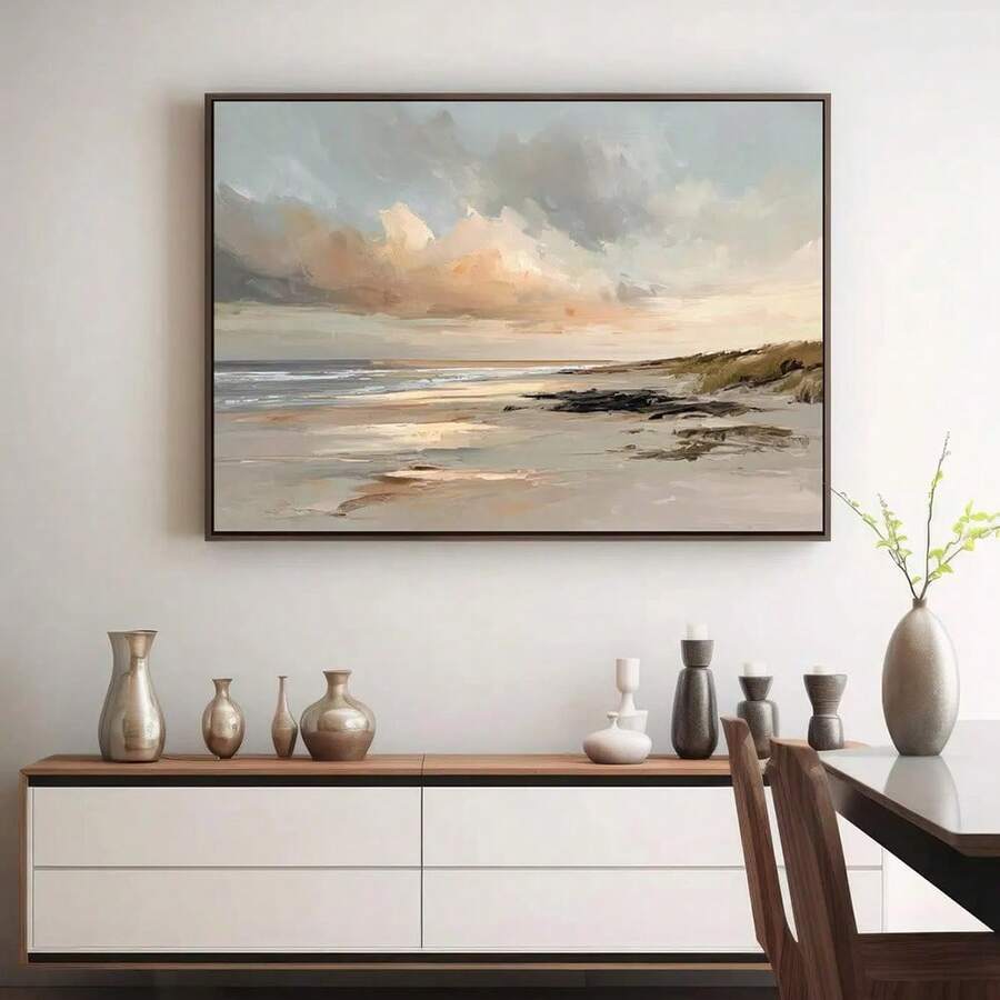 Front cabinet wall mockup of abstract coastal sunset canvas art in a light wood frame