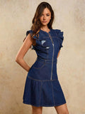 Straight front view of dark-indigo denim mini dress with shoulder ruffles contrast stitching and flounced hem