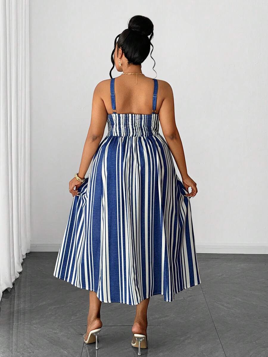 Front collage of blue striped square-neck fit-and-flare sundress