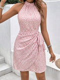 Light pink halter mini dress with white abstract print