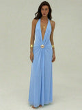 Full front view of light blue summer halter maxi dress with deep plunge neckline