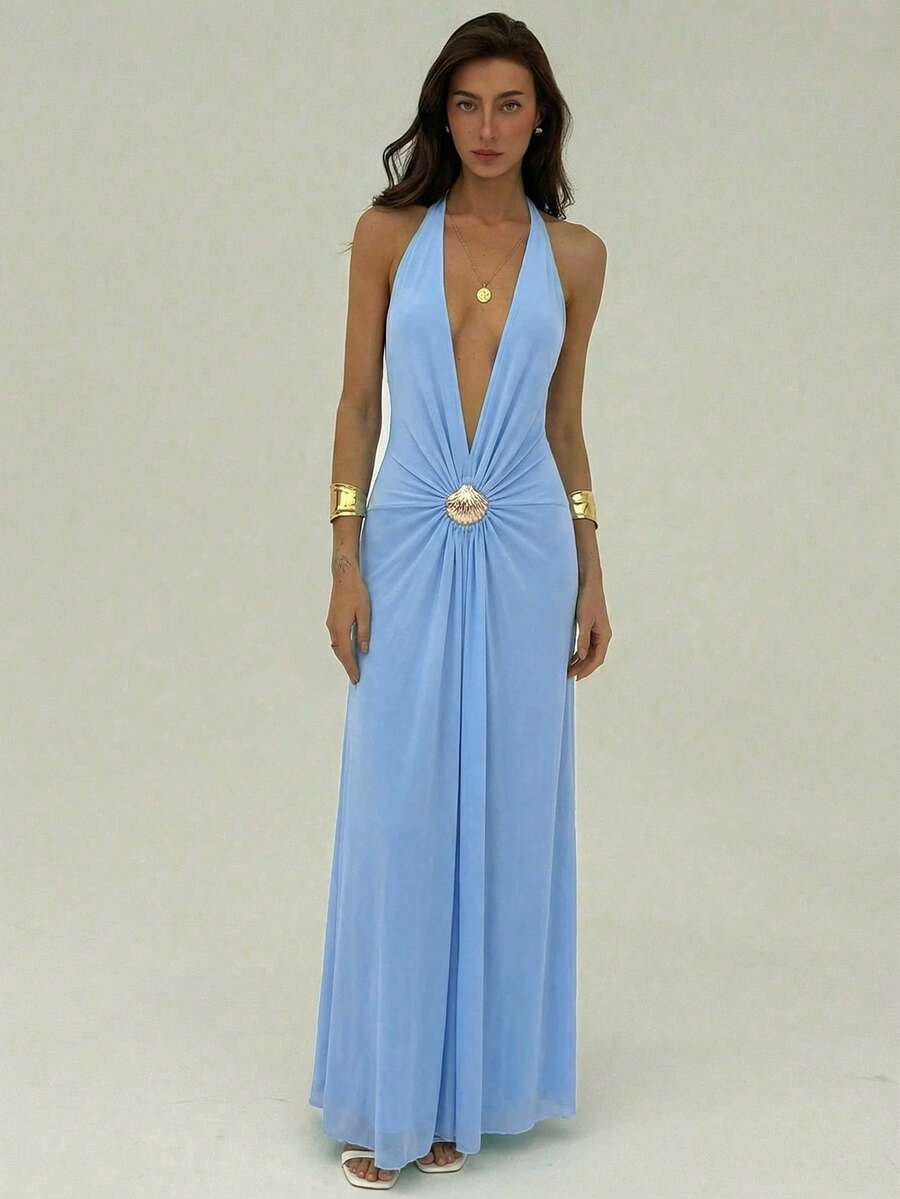 Full front view of light blue summer halter maxi dress with deep plunge neckline