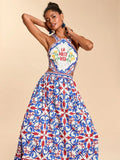 Blue printed cutout waist halter maxi dress side view