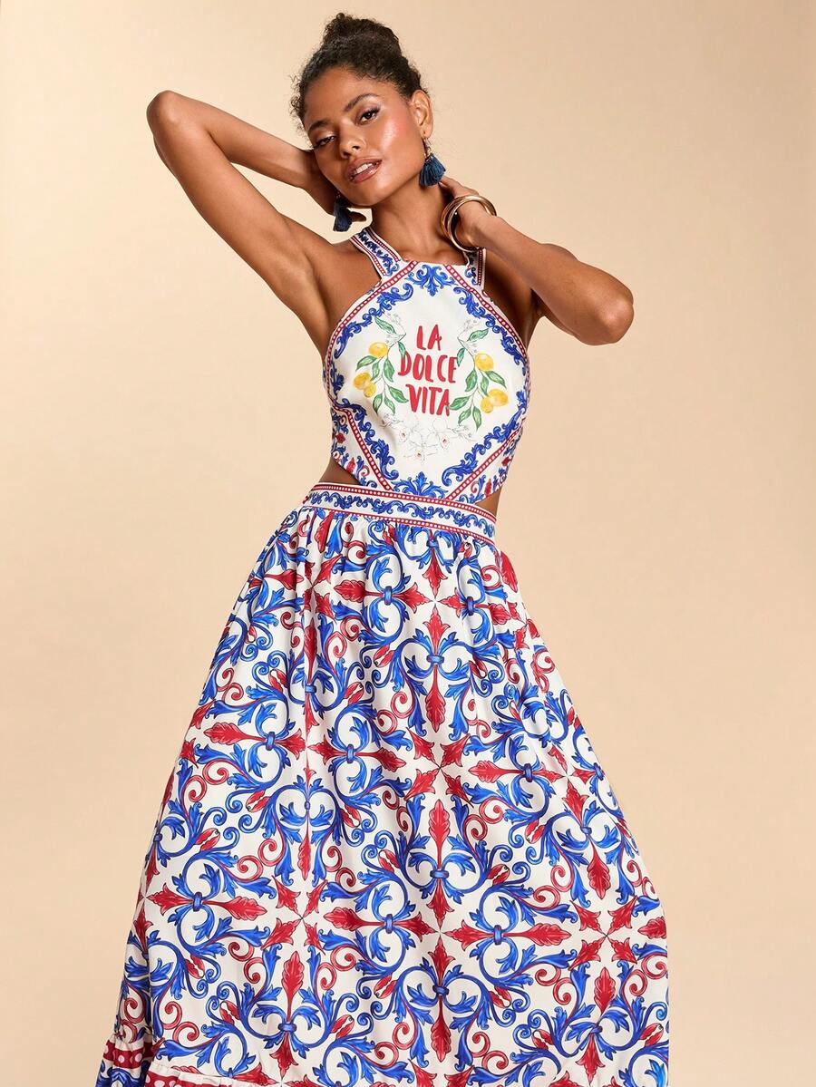 Blue printed cutout waist halter maxi dress side view