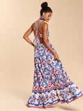 Blue baroque print maxi dress with open back tie straps