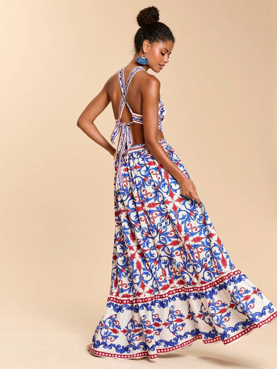 Blue baroque print maxi dress with open back tie straps