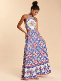Blue halter maxi dress with full tiered ruffle skirt