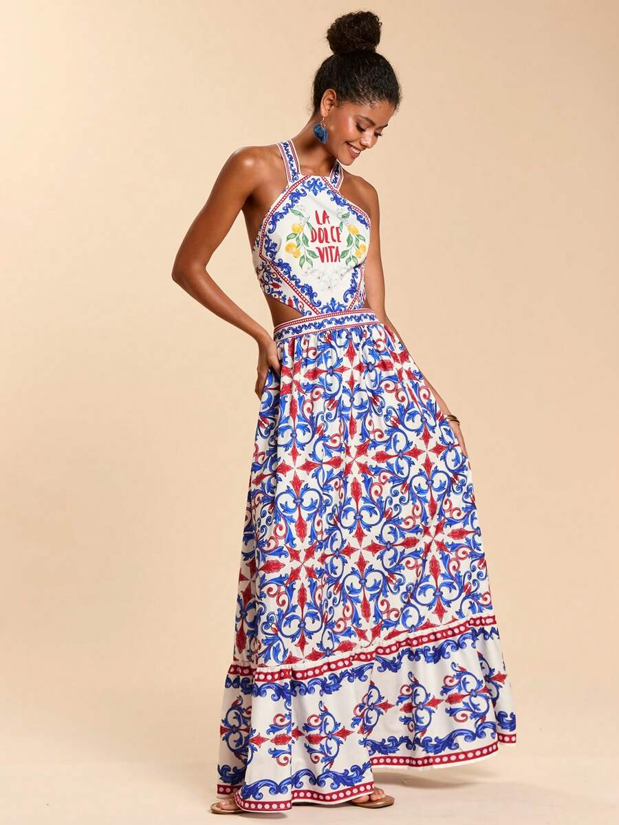 Blue halter maxi dress with full tiered ruffle skirt