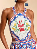Blue printed halter maxi dress open back tie strap detail