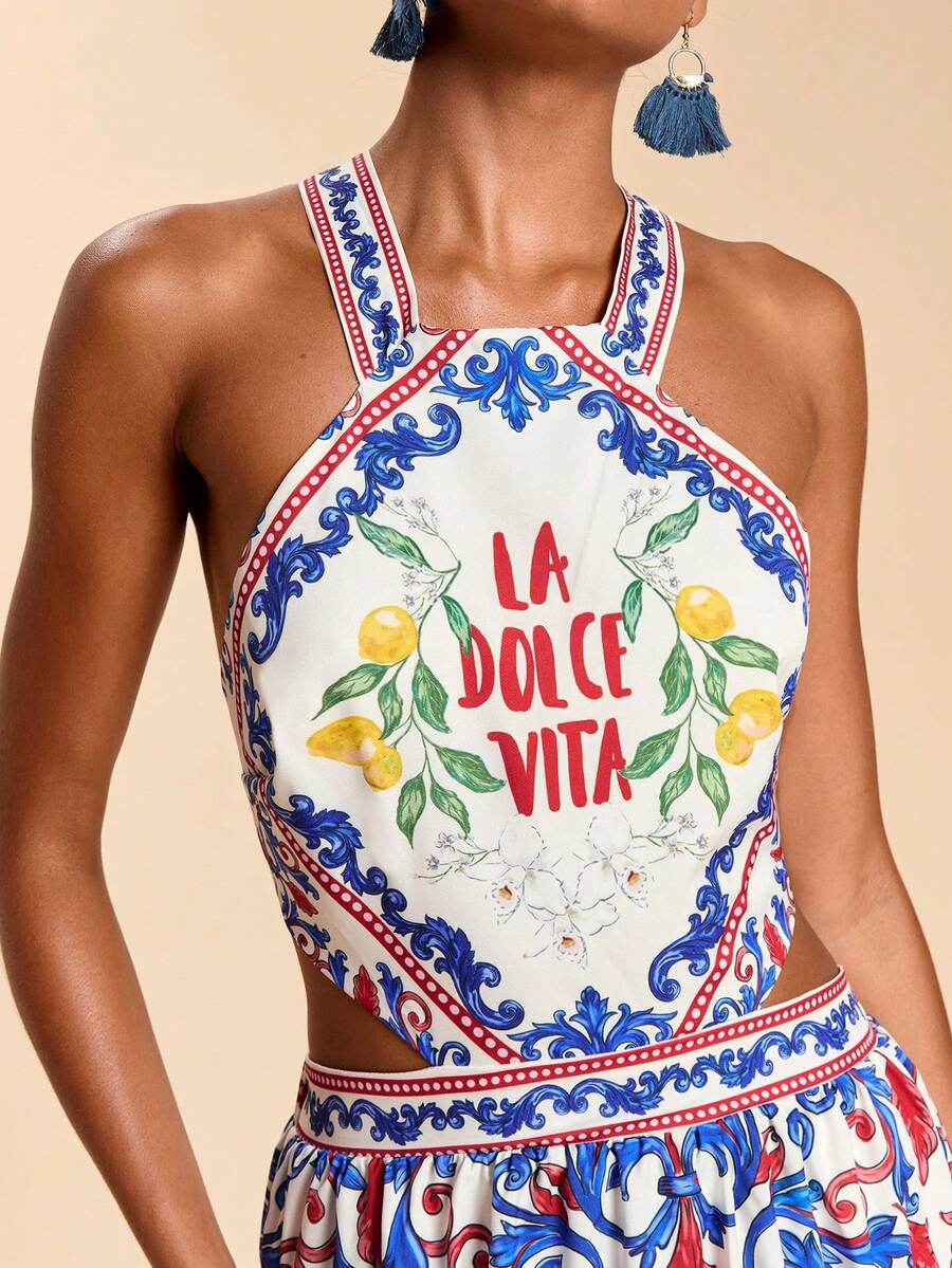 Blue printed halter maxi dress open back tie strap detail