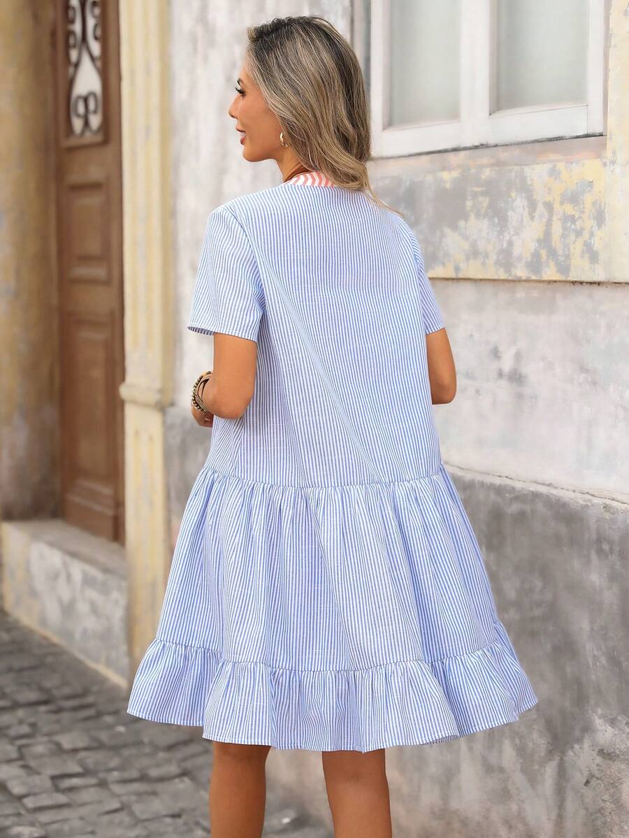 Embrace effortless style with this charming V-neck A-line dress, perfect for spring and summer adventures. Featuring playful patchwork details, delicate fringe trim, and a flounce hem, this piece combines comfort with contemporary flair. The short sleeve design and low waist silhouette create a flattering, relaxed fit ideal for vacations and casual outings. Crafted from a breathable woven blend of polyester, cotton, and viscose, this semi-sheer dress offers versatile wear for warm-weather occasions. Machine