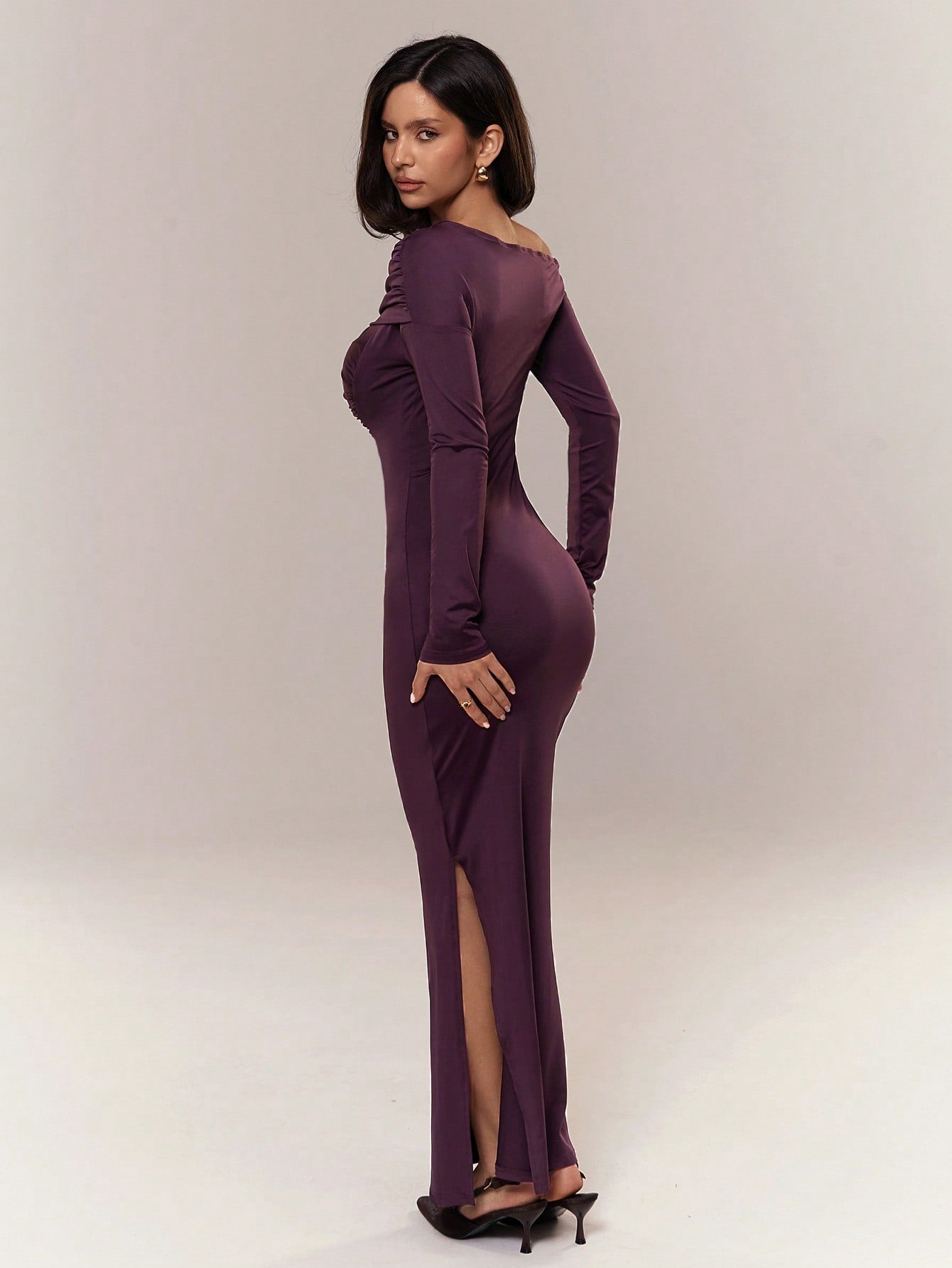 plum long sleeve bodycon dress Purple Open Back High Collar Long Sleeve Bodycon Dress
