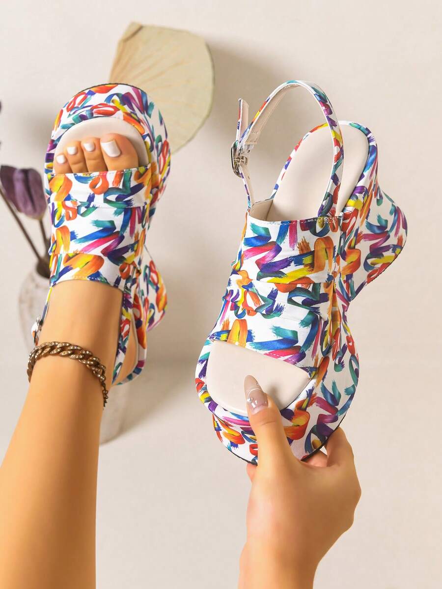 Hand-held and worn view of multicolor open toe wedge sandal with buckle strap