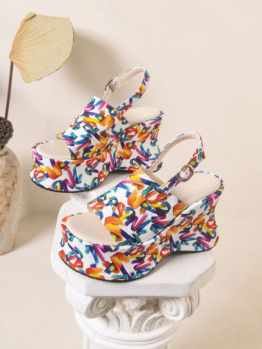 Pair of colorful platform wedge sandals displayed on white pedestal for summer styling