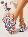 Side view of multicolor slingback wedge sandal with high sculpted heel