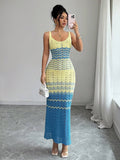 Front view of yellow blue chevron open-knit camisole maxi dress
