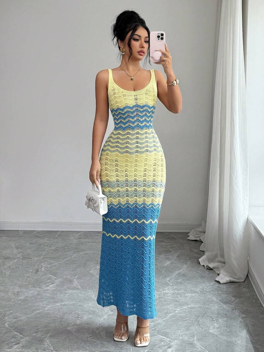 Front view of yellow blue chevron open-knit camisole maxi dress