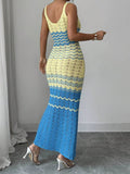 Back view of yellow blue crochet mermaid maxi dress with openwork chevron pattern