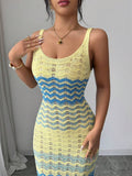 Front view of lemon yellow blue open-knit bodycon dress