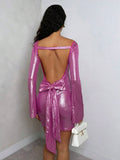 Bright Pink Y2K Mini Dress with Bow Tie Back and Flare Sleeves for Parties 